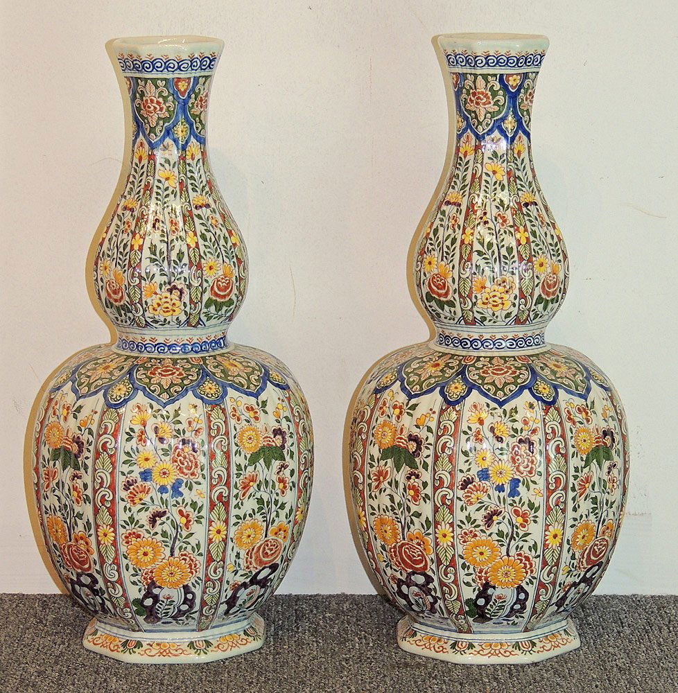 Pair of Delft Pottery Floral Vases (1 of 3)