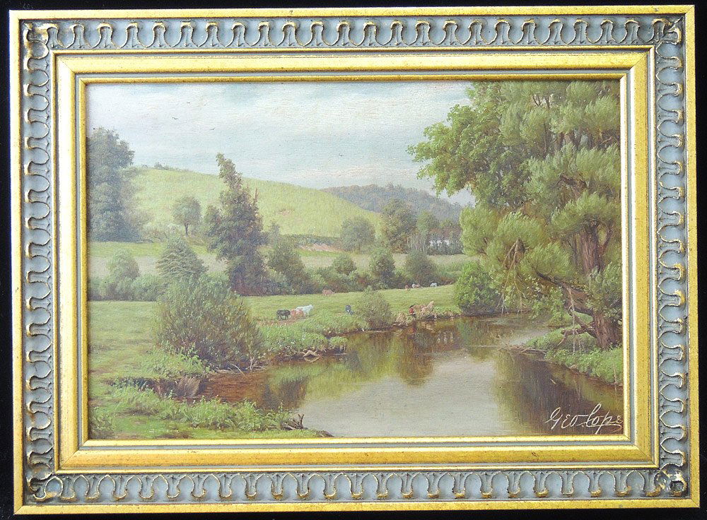 George Cope Oil on Panel, Landscape: George Cope (Pennsylvania, 1855-1929). Oil on panel landscape with fisherman and cows. Signed lower right. Frame opening: 7 x 10-1/4 in.