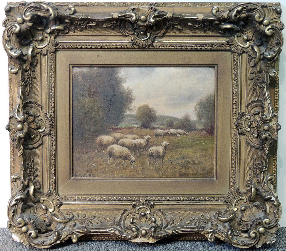 Oil on Canvas, Landscape with Sheep in Field: Oil on canvas painting depicting sheep in a field, possibly by Ferdinand Olivier (French 1873 - 1957). Signed lower left "F. Olivier". Gilt framed. 8 x 10 in.