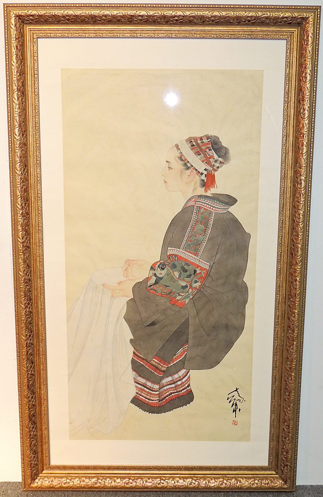 Large Chinese Watercolor, Portrait of Woman (1 of 3)