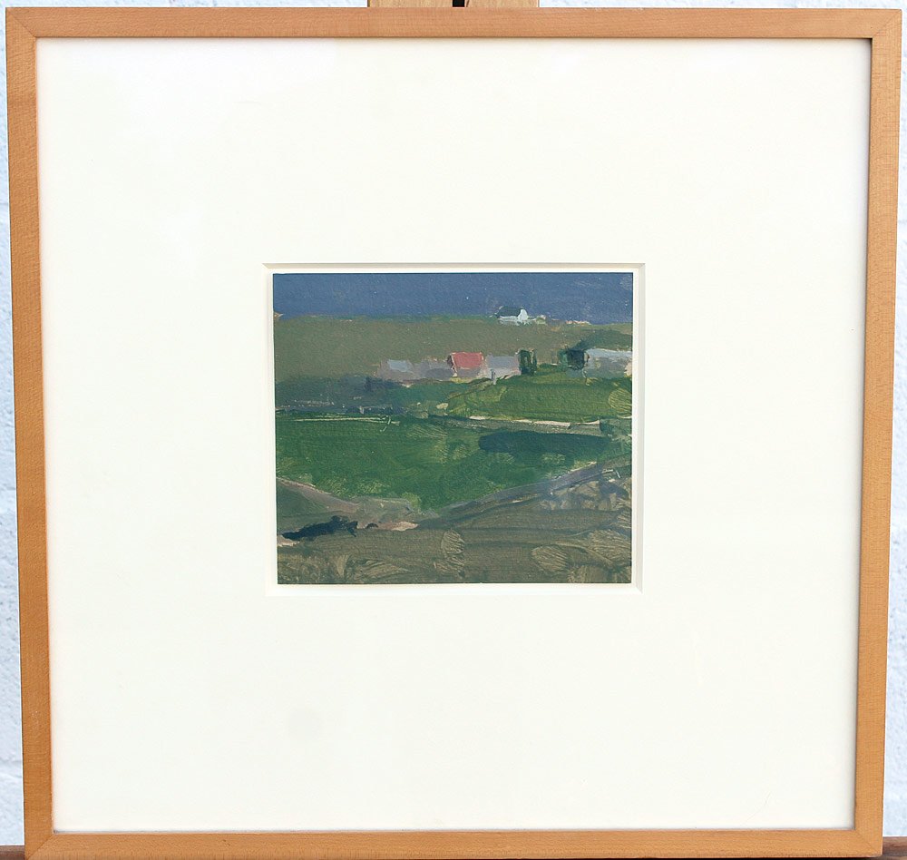 Stuart Shils. Oil on Paper: Stuart Shils (Pennsylvania, 20th century). Oil on paper landscape titled "Farm House with Orange Roof". Signed lower right and dated '95. Framed under plexiglass. 6 in x 6-3/4 in.