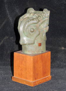 Rare and Important Chinese Double Sided Archaic Bronze: Rare and Important Chinese double sided archaic bronze double-sided pole finial. Shang/Early Western Zhou Dynasty period. Ca. 11th/10th century BC. Featuring a cast taotie head surmounted with horns.