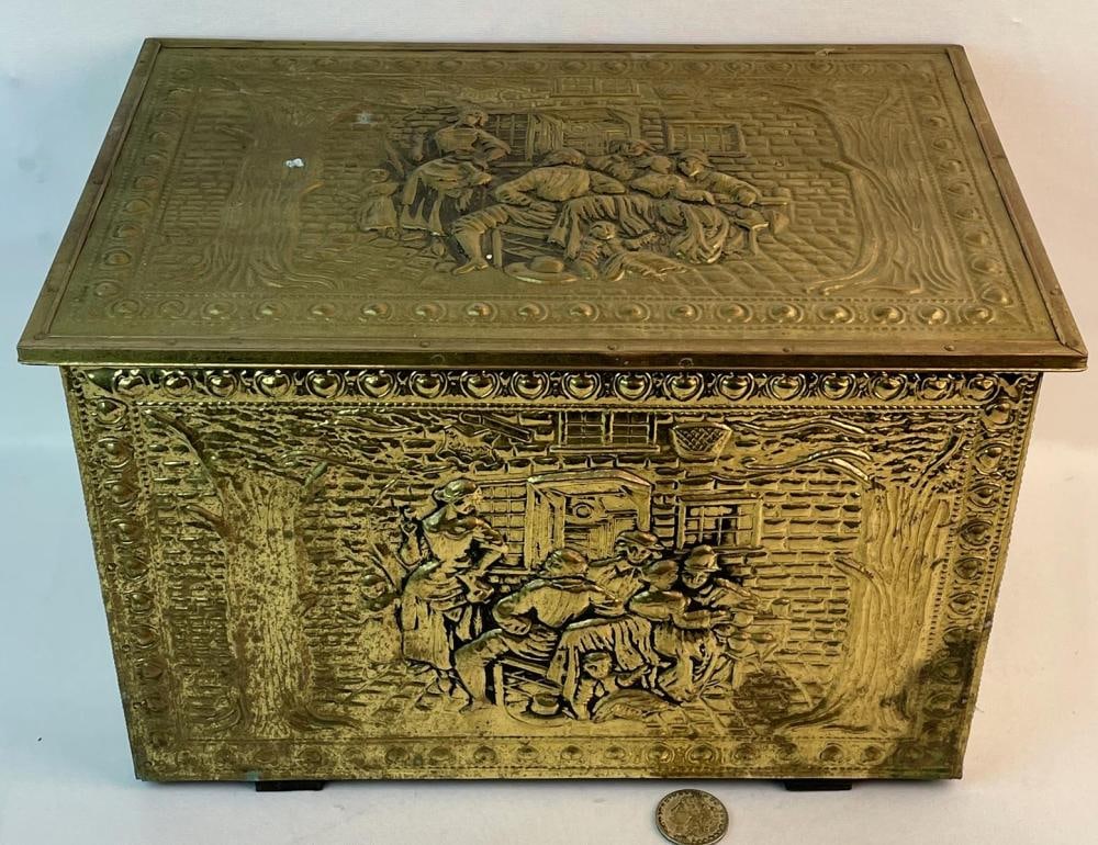 Vintage Brass Wood Tender Box w/ England Coal Scene (1 of 4)