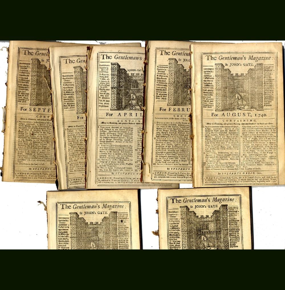 280 YEAR NEWSPAPER GROUP: A group of SEVEN complete and authentic 1740 issues of the Gentlemanâ€™s Magazine, including February (54pp.), April (54pp.), June (54pp.), August (54pp.), September (48pp.), October(54pp.) , and