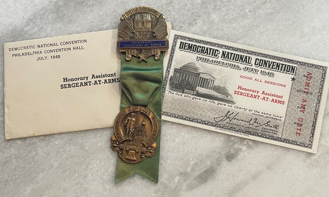 1948 Democratic National Convention Ticket and Honorary Medal Pin: 1948 Democratic National Convention Ticket and Honorary Medal Pin. The ticket is for the Philadelphia National Democratic Convention in 1948 for Honorary Assistant and envelope. The metal pin is for H