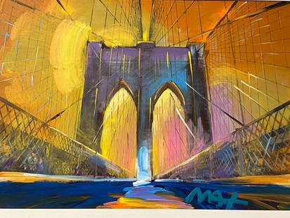 Peter Max Brooklyn Bridge I Ver #165 2016 w/COA: Mixed media painting on canvas hand-signed by the artist in pigment lower right. A unique work. 16" x 22 1/2".