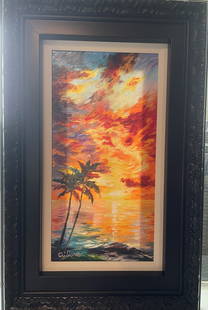 Danie Wall "Ocean Sunset" w/COA: Daniel Wall Giclee in color with hand embellishments. Hand-signed by artist. 20" x 10 1/4"