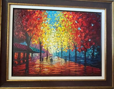 ILYAYEV, SLAVA Hand Signed w/COA and Appraisal: Ilyayev Slava Rainy Evening serigraph in color with embellishment on board. Hand-signed in ink lower left by the artist. Comes with COA and Appraisal. Image size is 23" x 30 1/2". Custom framed size:3