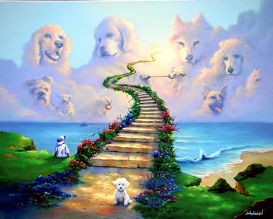 Jim Warren Giclee on Canvas "All Dogs Go To Heaven 1 Ltd Edition w/Artist Embellishment AP 1/35: Jim Warren Giclee on Canvas "All Dogs Go To Heaven Ltd Edition w/Artist Hand-Embellishment Hand signed by the artist. AP 1/35. This is a number 1 Artist Proof with extra embellishments and neon colors