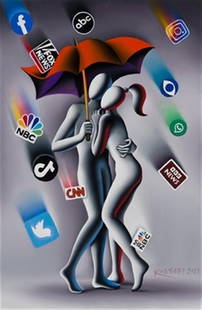 Kostabi, Mark "Media Shower" w/COA: Giclee in color on paper hand signed by the artist. 26" x 17".