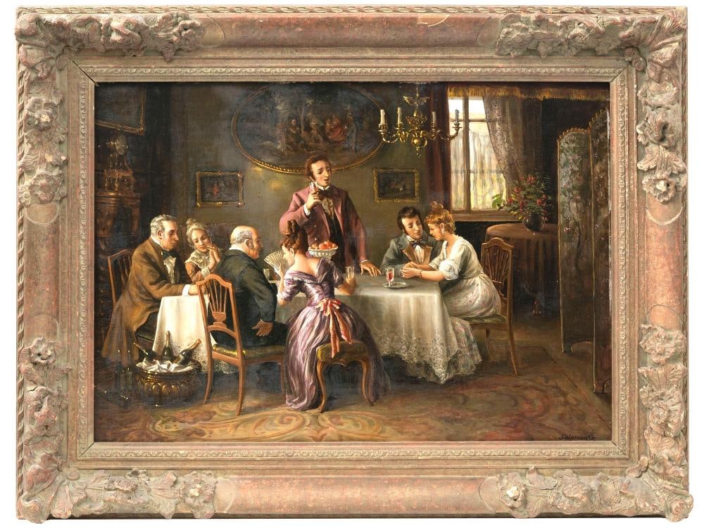 VICTORIAN GENRE SCENE PAINTING BY GYORGY SALAMON: Oil on board painting by Gyorgy Salamon, born 1948, a Hungarian artist, disciple of Jeno Barcsay and Kokas Ignac who specializes in history genre and portraiture. The artwork represents a genre scene,