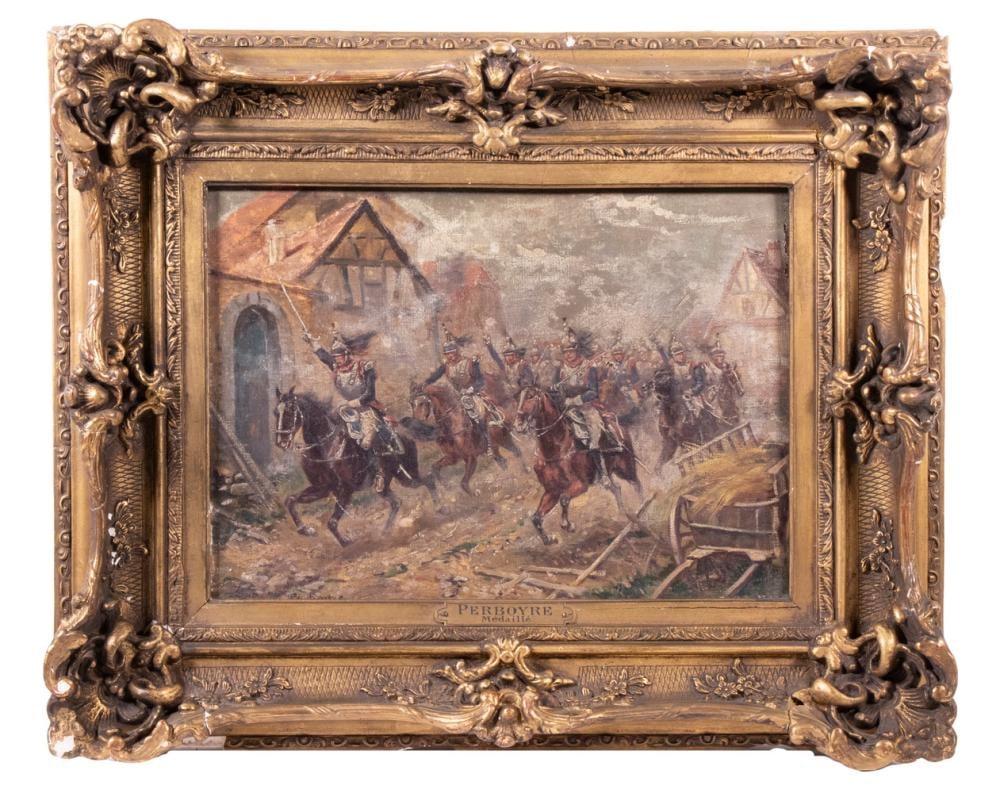 PAUL EMILE LEON PERBOYRE FRANCE1851-1929 ORIGINAL: PAUL EMILE LEON PERBOYRE (FRANCE, 1851-1929) ORIGINAL AWARD WINNING Oil on Canvas. "Hussars Traversant un Village", oil on canvas, signed lower left, depicting a cavalry charge through the ruins of a
