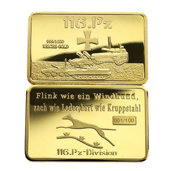 1 oz German Panzer Division .999/1000 Gold Clad Bar - Limited Edition  W/COA (1 of 1)