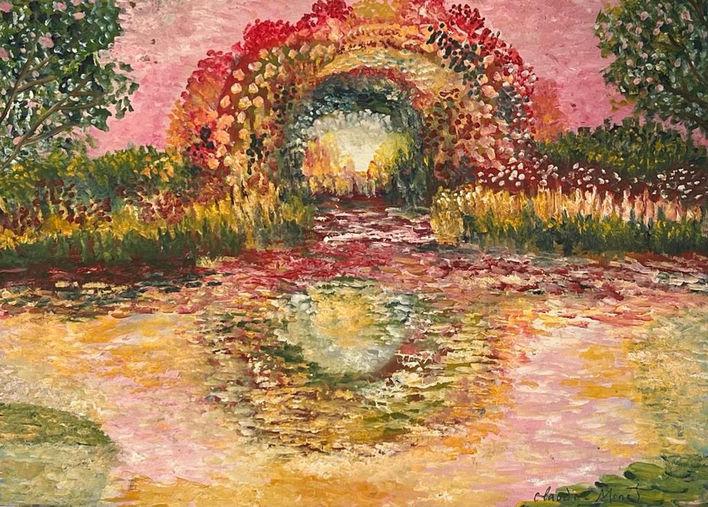 Claude Monet French (Oil on Paper Painting) Style of: Oil on paper painting 8½ x 12 inches, rendered in the style of Claude Monet (14 Nov 1840 - 05 Dec 1926) was a French painter and founder of impressionist painting who is seen as a key precursor