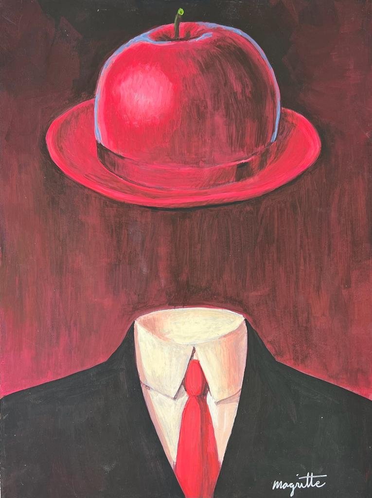 Rene Magritte (Drawing on Paper Painting) Style of: Drawing on paper 8 x 10.5 inches, rendered in the style of Rene Magritte between (21 Nov 1898 - 15 Aug 1967) was a Belgian surrealist artist known for his depictions of familiar objects in unfamiliar,