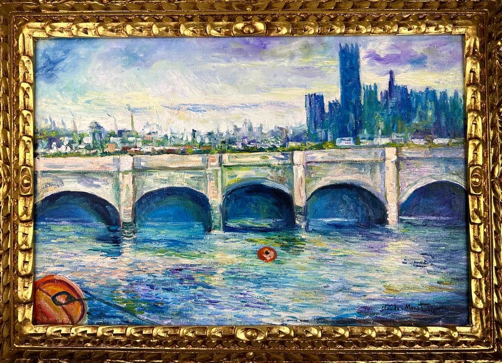 Claude Monet French (Oil on canvas painting) Style of: Oil on canvas painting 21 x 29 inches, rendered in the style of Claude Monet (14 Nov 1840 - 05 Dec 1926) was a French painter and founder of impressionist painting who is seen as a key precursor to mo