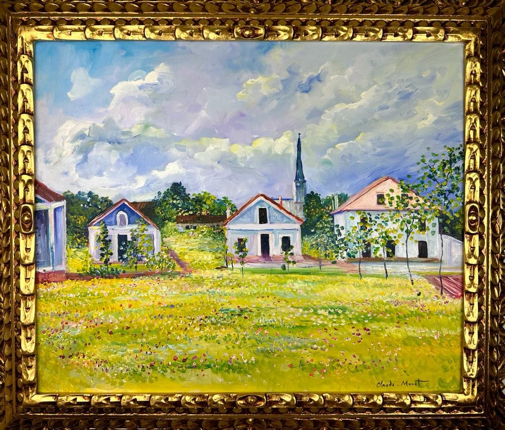 Claude Monet French (Oil on canvas painting) Style of: Oil on canvas painting 25 x 29 inches, rendered in the style of Claude Monet (14 Nov 1840 - 05 Dec 1926) was a French painter and founder of impressionist painting who is seen as a key precursor to mo