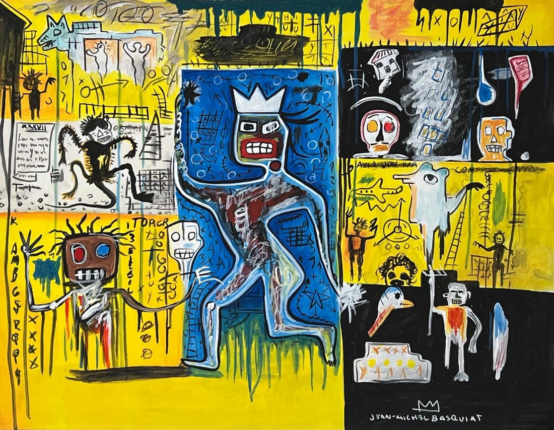 Jean-Michel Basquiat (Drawing on Paper Painting) Style of: Drawing on paper 9 x 12 inches, rendered in the style of Jean-Michel Basquiat (22 Dec 1960 - 12 Aug 1988) was an American artist who rose to success during the 1980s as part of the Neo-expressionism m