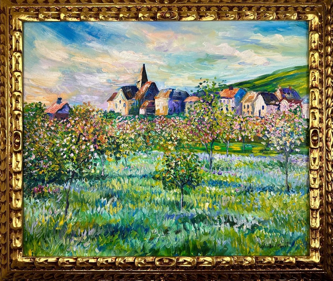 Claude Monet French (Oil on canvas painting) Style of: Oil on canvas painting 25 x 29 inches, rendered in the style of Claude Monet (14 Nov 1840 - 05 Dec 1926) was a French painter and founder of impressionist painting who is seen as a key precursor to mo