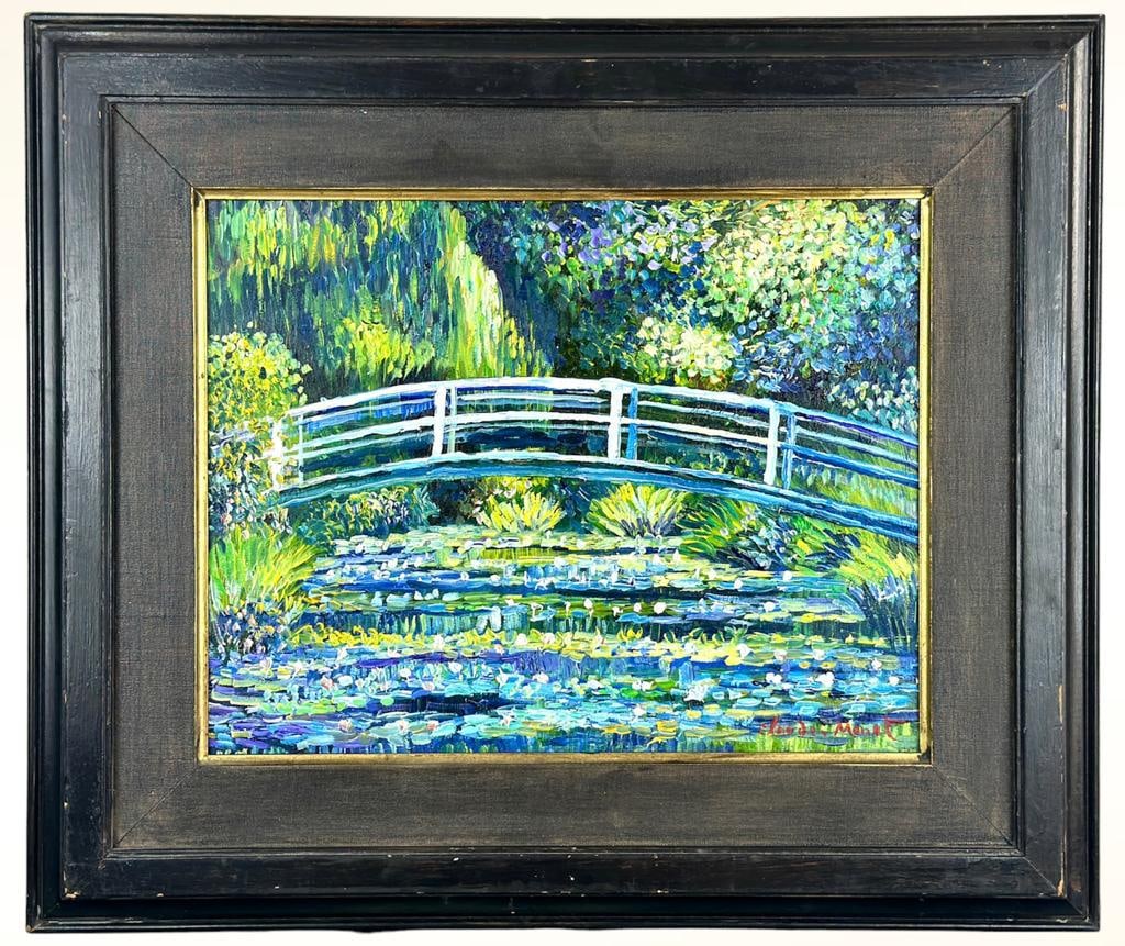 Claude Monet French (Oil on masonite painting) Style of: Oil on masonite painting 17½ x 20½ inches, rendered in the style of Claude Monet (14 Nov 1840 - 05 Dec 1926) was a French painter and founder of impressionist painting who is seen as a k