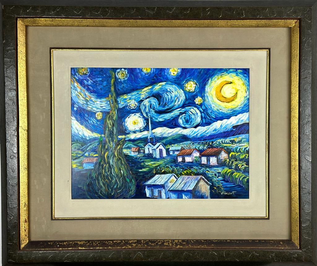 Vincent Van Gogh (Oil on masonite painting) Style of: Oil on masonite painting 29 x 34 inches, rendered in the style of Vincent Van Gogh (30 Mar 1853 - 29 Jul 1890) was a Dutch painter, generally considered to be the greatest after Rembrandt van Rijn, an