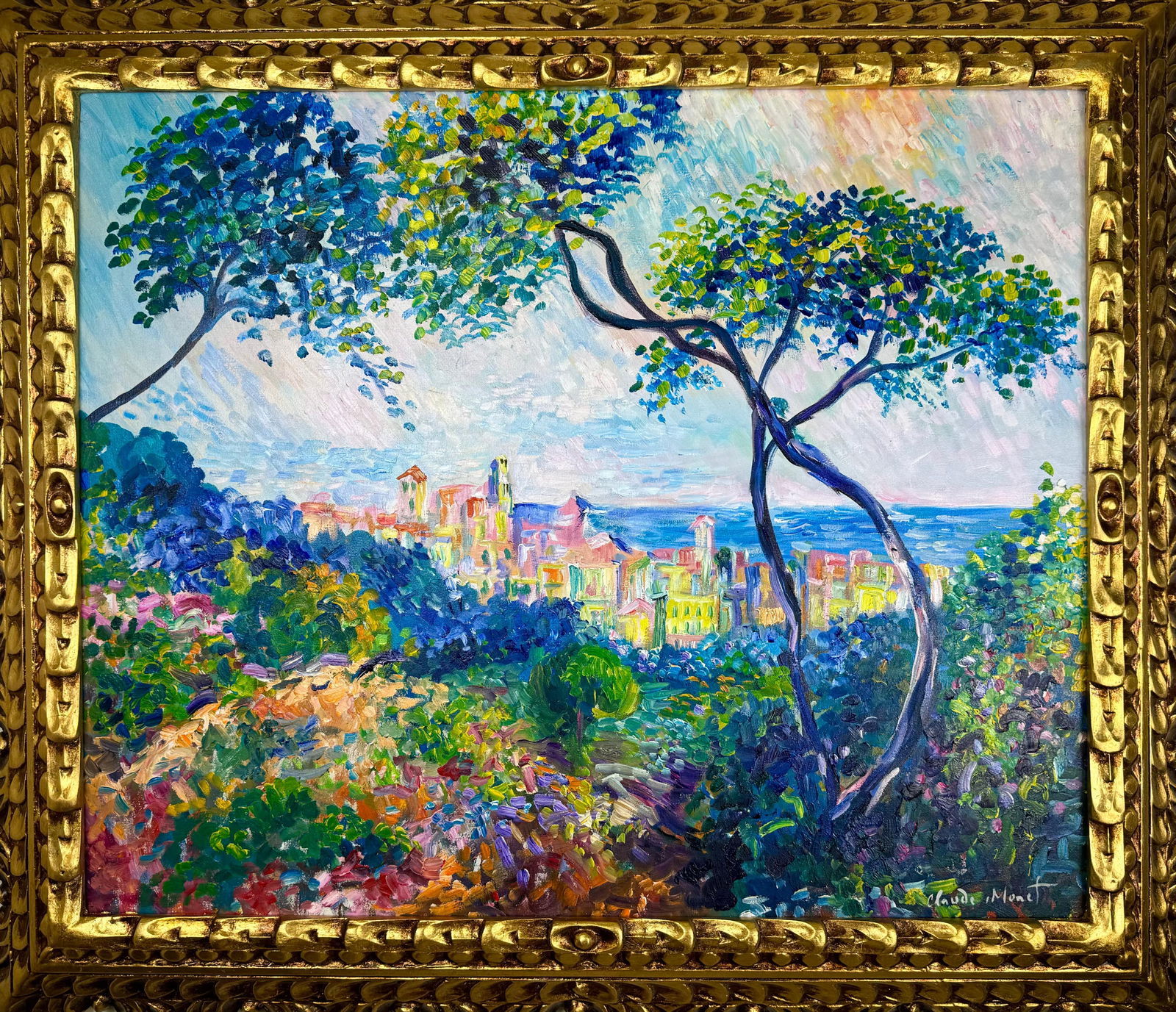 Claude Monet French (Oil on canvas painting) Style of: Oil on canvas painting 25 x 29 inches, rendered in the Style of Claude Monet (14 Nov 1840 - 05 Dec 1926) was a French painter and founder of impressionist painting who is seen as a key precursor to mo