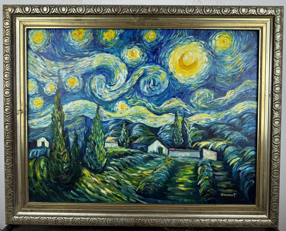 Vincent Van Gogh (Oil on cardboard painting) Style of: Oil on cardboard painting 24½ x 32½ inches, rendered in the style of Vincent Van Gogh (30 Mar 1853 - 29 Jul 1890) was a Dutch painter, generally considered to be the greatest after Rembr
