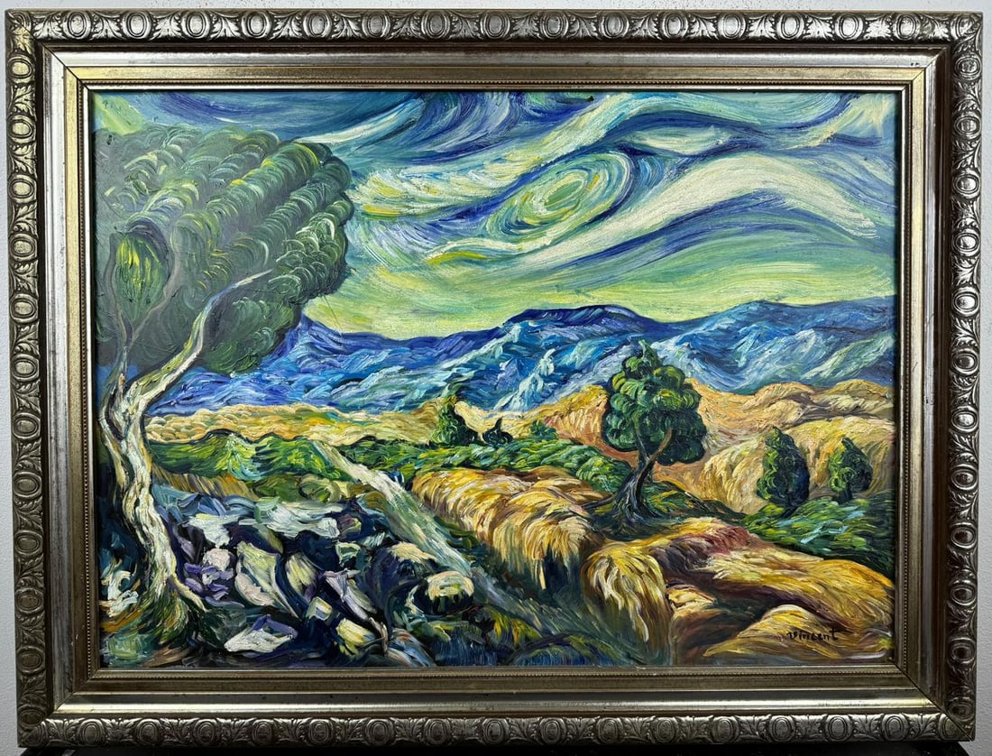 Vincent Van Gogh (Oil on cardboard painting) Style of: Oil on cardboard painting 24½ x 32½ inches, rendered in the style of Vincent Van Gogh (30 Mar 1853 - 29 Jul 1890) was a Dutch painter, generally considered to be the greatest after Rembr