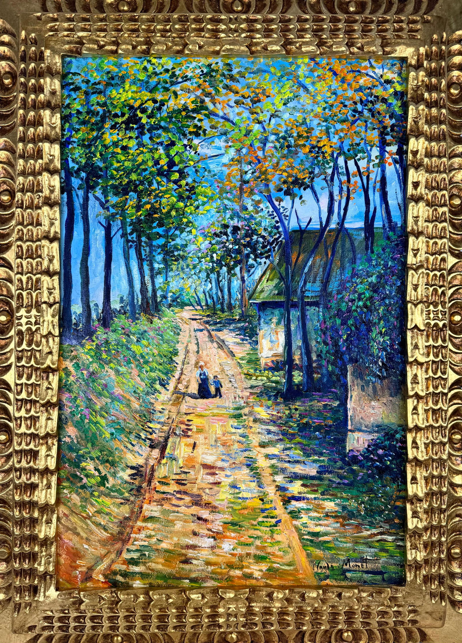 Claude Monet French (Oil on canvas painting) Style of: Oil on canvas painting 21½ x 29½ inches, rendered in the style of Claude Monet (14 Nov 1840 - 05 Dec 1926) was a French painter and founder of impressionist painting who is seen as a key
