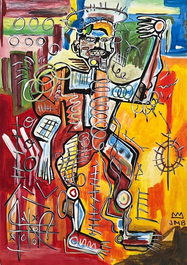 Jean-Michel Basquiat (Drawing on Paper Painting) Style of: Drawing on paper 8 x 11½ inches, rendered in the style of Jean-Michel Basquiat (22 Dec 1960 - 12 Aug 1988) was an American artist who rose to success during the 1980s as part of the Neo-express