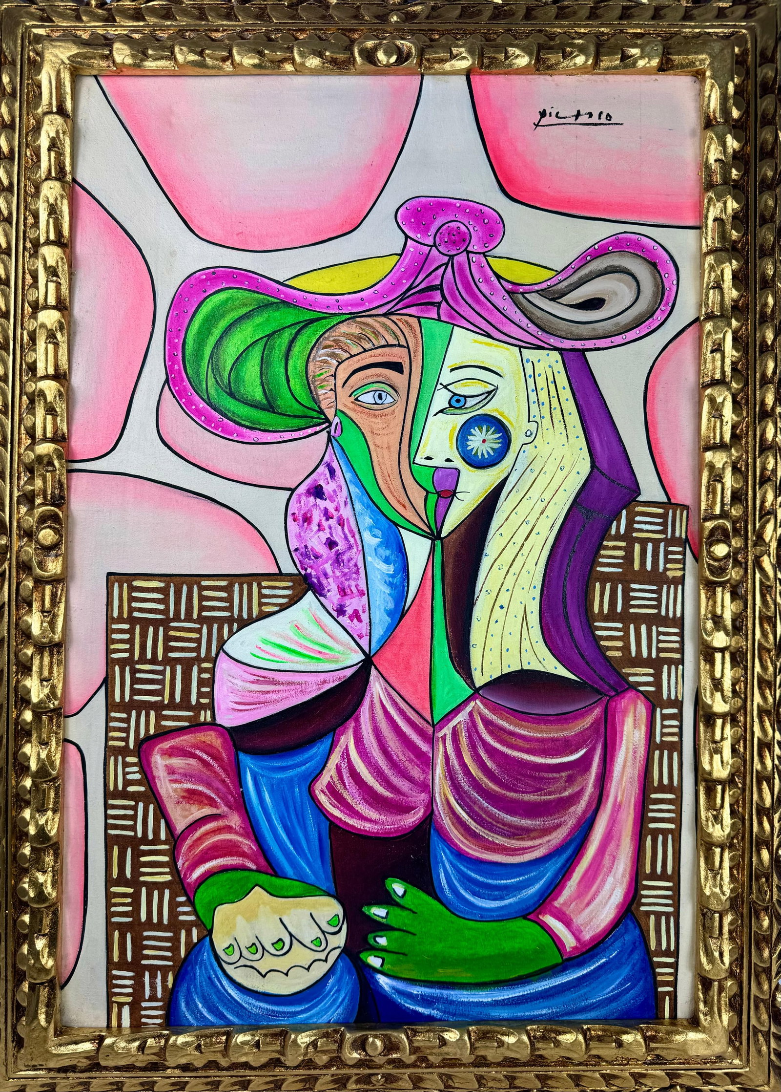 Pablo Picasso Spanish (Oil on canvas painting) Style of: Oil on canvas painting 21 x 29 inches, rendered in the style of Pablo Picasso (25 Oct 1881 - 08 Apr 1973) was a Spanish painter,he grew up in Barcelona, showing artistic talent at an early age. Proven