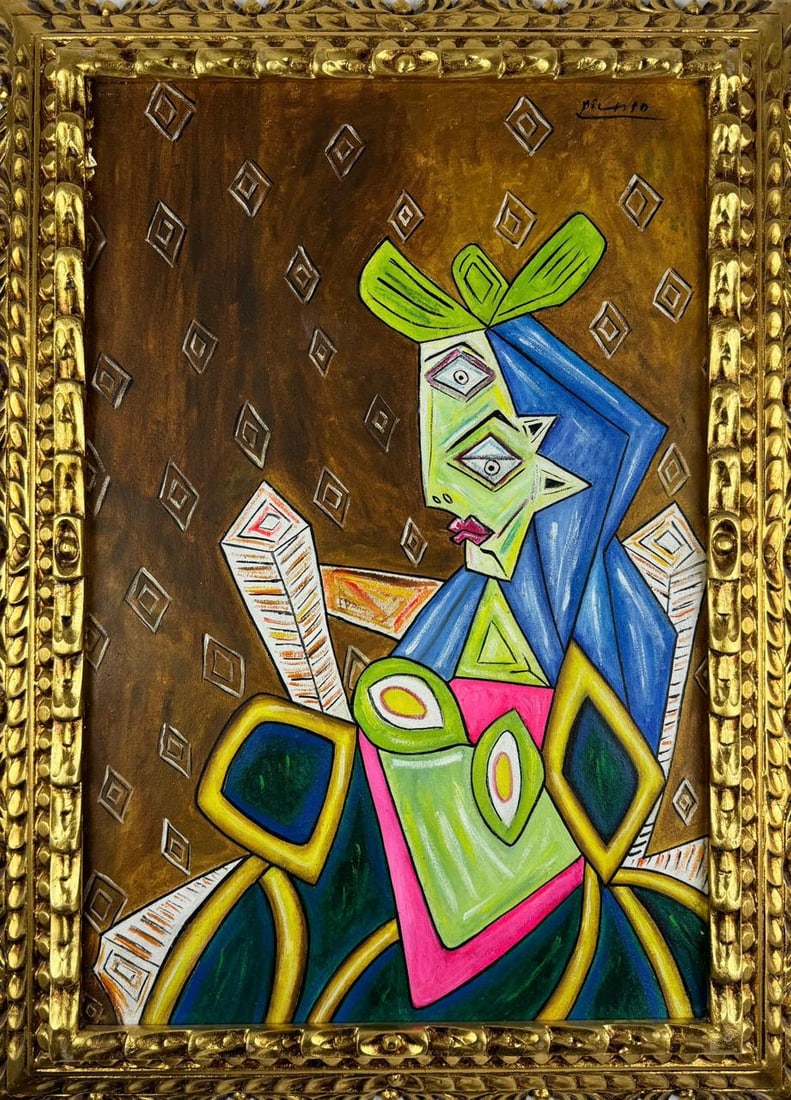Pablo Picasso Spanish (Oil on canvas painting) Style of: Oil on canvas painting 21 x 29 inches, rendered in the style of Pablo Picasso (25 Oct 1881 - 08 Apr 1973) was a Spanish painter,he grew up in Barcelona, showing artistic talent at an early age. Proven