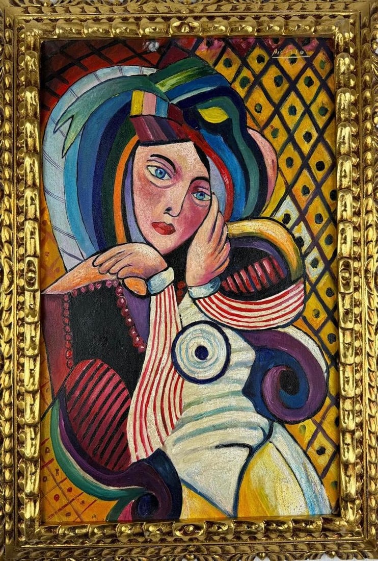 Pablo Picasso Spanish (Oil on canvas painting) Style of: Oil on canvas painting 21 x 29 inches, rendered in the style of Pablo Picasso (25 Oct 1881 - 08 Apr 1973) was a Spanish painter,he grew up in Barcelona, showing artistic talent at an early age. Proven