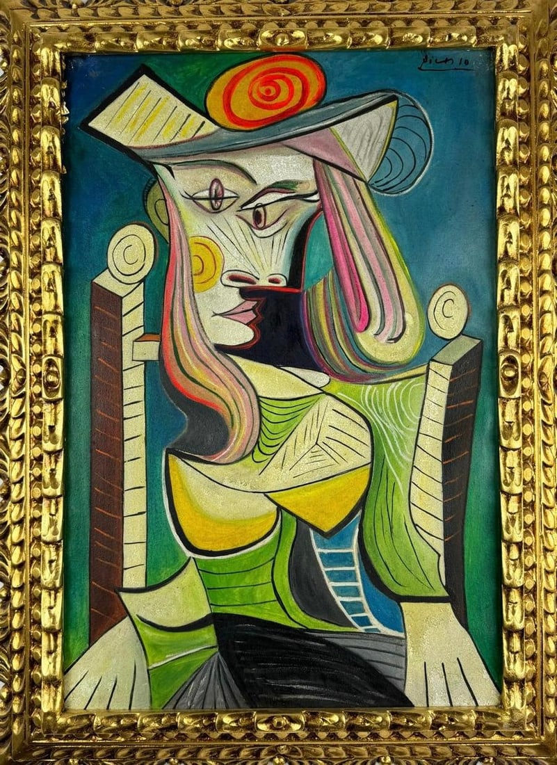 Pablo Picasso Spanish (Oil on canvas painting) Style of: Oil on canvas painting 21 x 29 inches, rendered in the style of Pablo Picasso (25 Oct 1881 - 08 Apr 1973) was a Spanish painter,he grew up in Barcelona, showing artistic talent at an early age. Proven