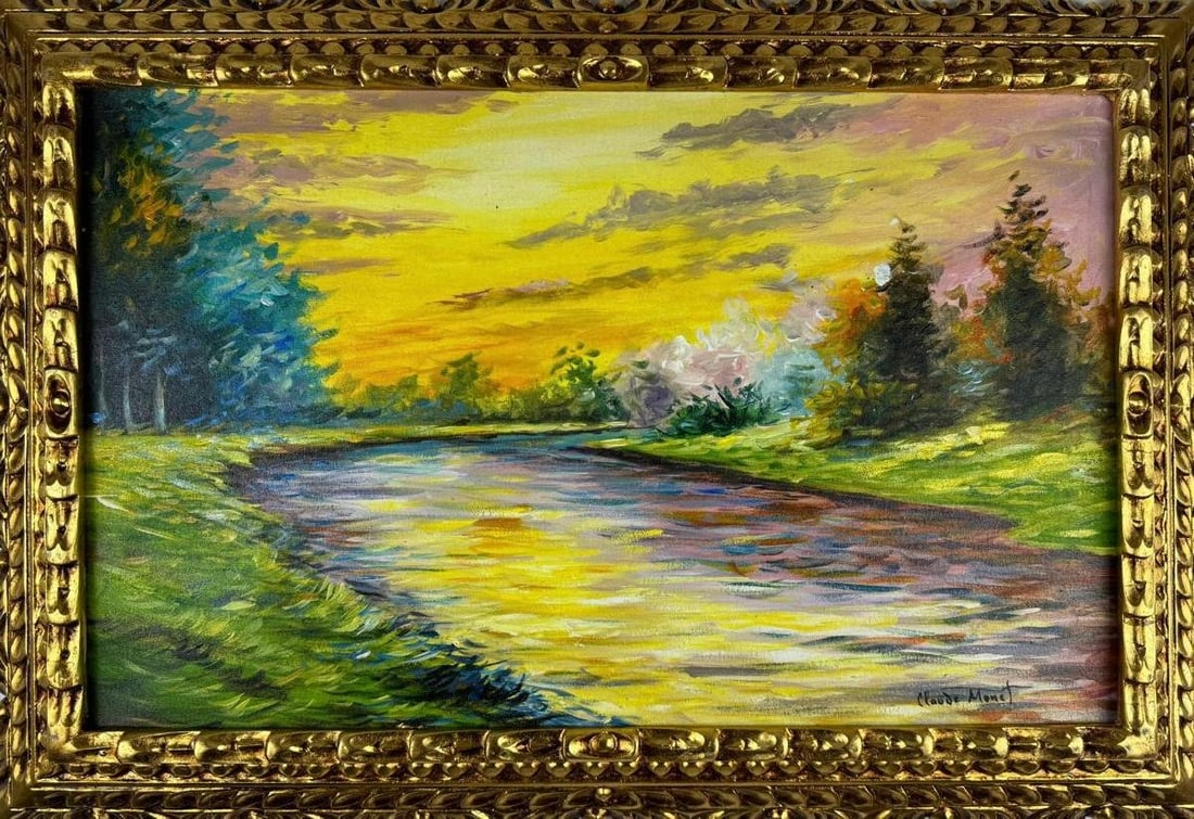 Claude Monet French (Oil on canvas painting) Style of: Oil on canvas painting 21½ x 29½ inches, rendered in the style of Claude Monet (14 Nov 1840 - 05 Dec 1926) was a French painter and founder of impressionist painting who is seen as a key