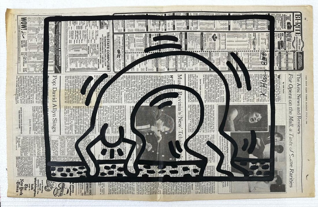 Keith Haring (Painting on newspaper) Style of: Painting on newspaper 13½ x 22 inches, rendered in the style of Keith Haring (04 May 1958 - 16 Feb 1990) was an American artist whose pop art emerged from the New York City graffiti subculture