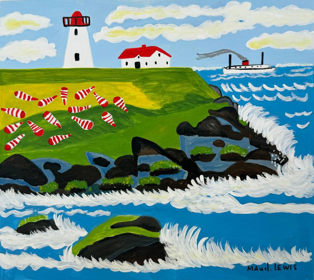 Maud Lewis Canadian (Drawing on Paper Painting) Style of: Drawing on paper 8 x 9 inches, rendered in the style of Maud Lewis (07 Mar 1903 - 30 Jul 1970) was a Canadian folk artist from Nova Scotia. She lived most of her life in poverty in a small house in Ma