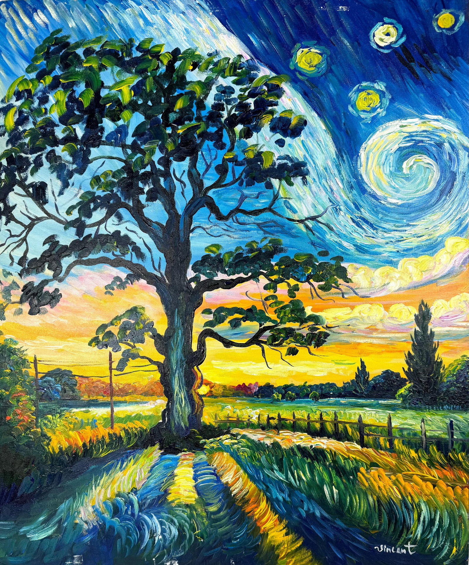 Vincent Van Gogh (Oil on canvas painting) Style of: Oil on canvas painting 19½ x 23½ inches, rendered in the style of Vincent Van Gogh (30 Mar 1853 - 29 Jul 1890) was a Dutch painter, generally considered to be the greatest after Rembrand
