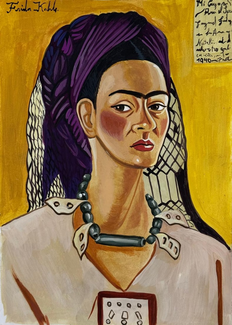Frida Kahlo (Drawing on Paper Painting) Style of: Drawing on paper 7½ x 10 inches, rendered in the style of Frida Kahlo (06 Jul 1907 - 13 Jul 1954) was a Mexican painter known for her many portraits, self-portraits, and works inspired by the n