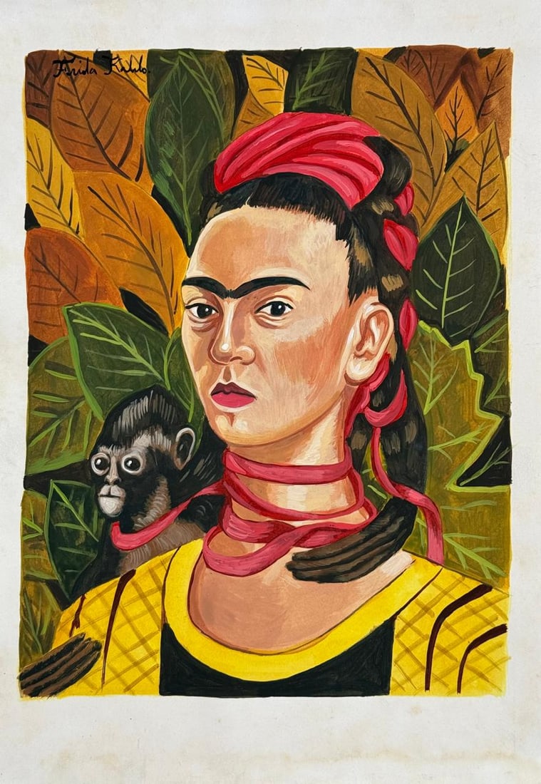 Frida Kahlo (Drawing on Paper Painting) Style of: Drawing on paper 9 x 13 inches, rendered in the style of Frida Kahlo (06 Jul 1907 - 13 Jul 1954) was a Mexican painter known for her many portraits, self-portraits, and works inspired by the nature an