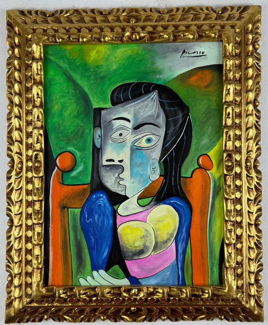 Pablo Picasso Spanish (Oil on canvas painting) Style of: Oil on canvas painting 16½ x 20½ inches, rendered in the style of Pablo Picasso (25 Oct 1881 - 08 Apr 1973) was a Spanish painter,he grew up in Barcelona, showing artistic talent at an e