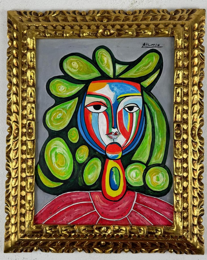 Pablo Picasso Spanish (Oil on canvas painting) Style of: Oil on canvas painting 16½ x 20½ inches, rendered in the style of Pablo Picasso (25 Oct 1881 - 08 Apr 1973) was a Spanish painter,he grew up in Barcelona, showing artistic talent at an e
