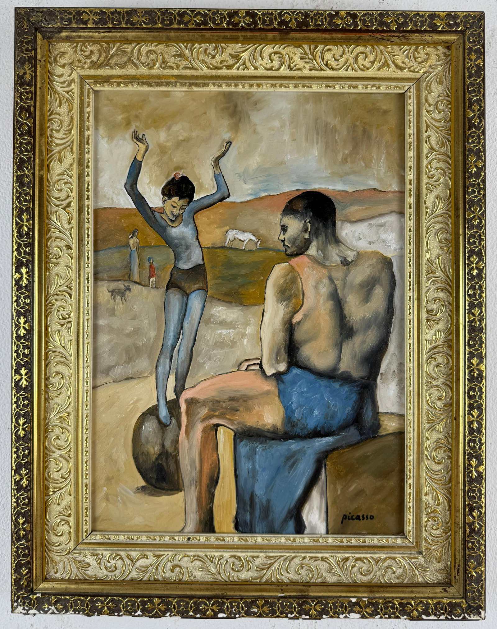 Pablo Picasso Spanish (Oil on canvas painting) Style of: Oil on canvas painting 14 x 18 inches, rendered in the style of Pablo Picasso (25 Oct 1881 - 08 Apr 1973) was a Spanish painter,he grew up in Barcelona, showing artistic talent at an early age. Proven
