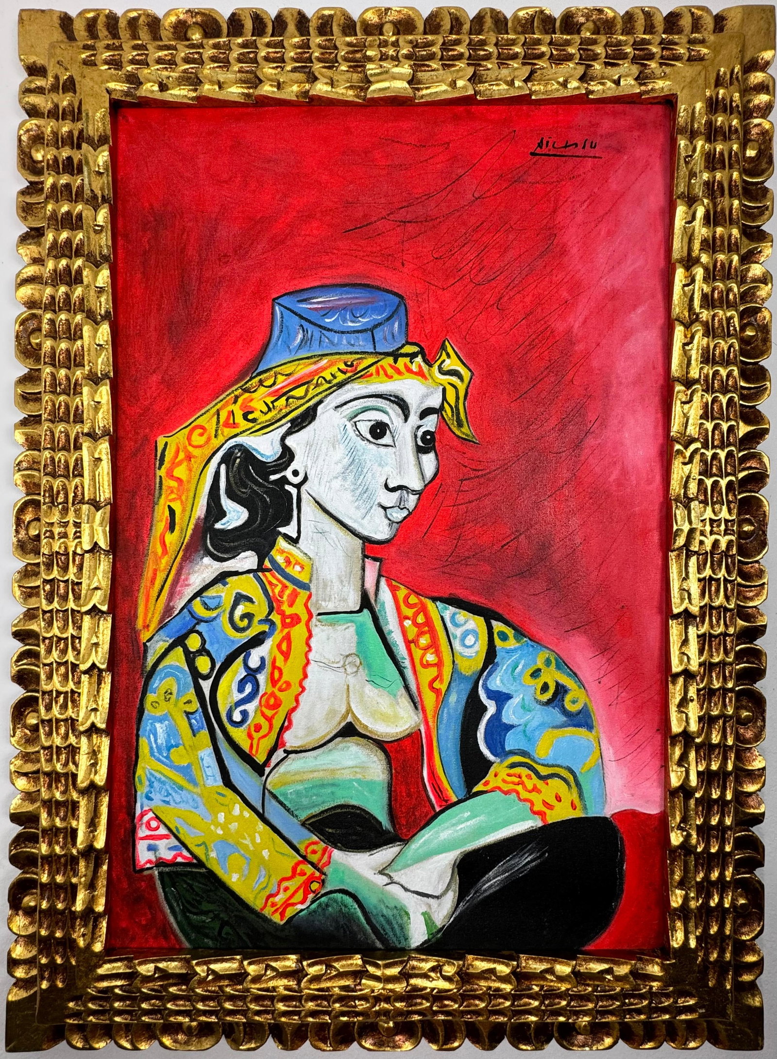 Pablo Picasso Spanish (Oil on canvas painting) Style of: Oil on canvas painting 21½ x 29½ inches, rendered in the style of Pablo Picasso (25 Oct 1881 - 08 Apr 1973) was a Spanish painter,he grew up in Barcelona, showing artistic talent at an e