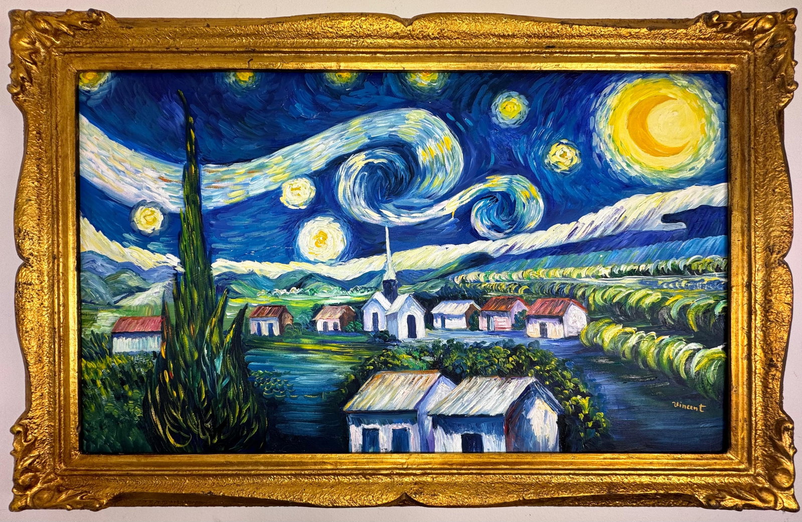 Vincent Van Gogh (Oil on canvas painting) Style of: Oil on canvas painting 25 x 38 inches, rendered in the style of Vincent Van Gogh (30 Mar 1853 - 29 Jul 1890) was a Dutch painter, generally considered to be the greatest after Rembrandt van Rijn, and 