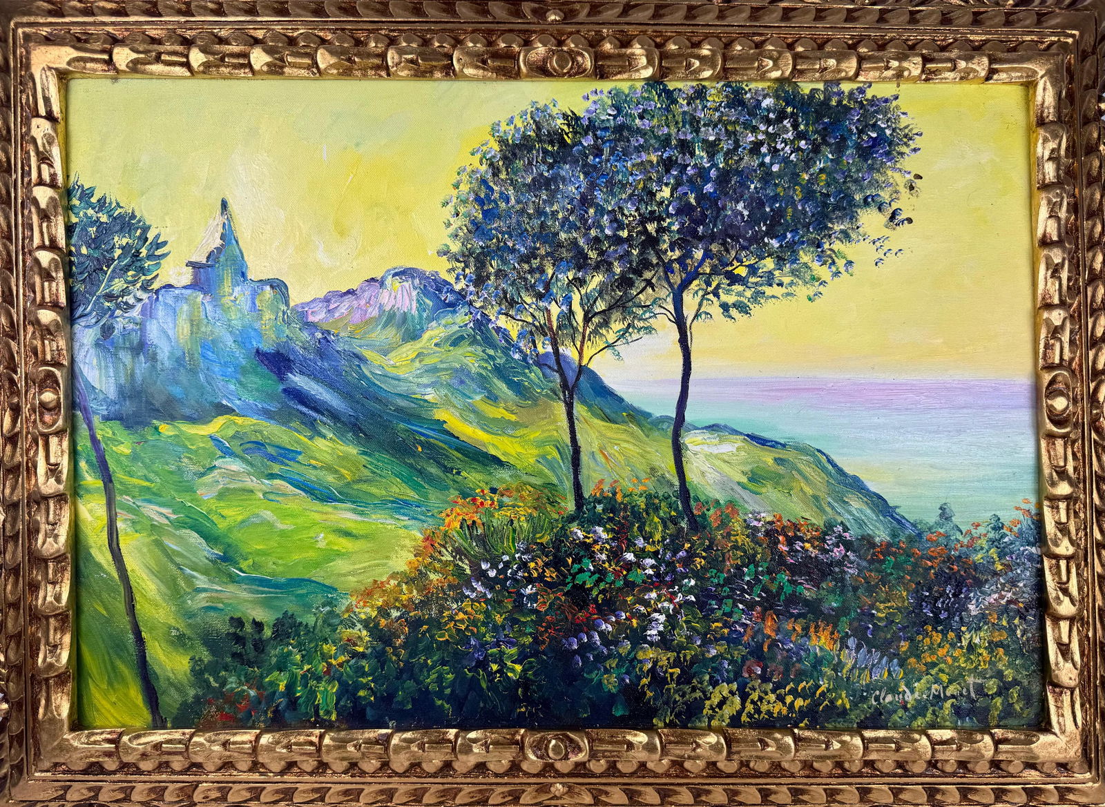 Claude Monet French (Oil on canvas painting) Style of: Oil on canvas painting 21 x 29 inches, rendered in the style of Claude Monet (14 Nov 1840 - 05 Dec 1926) was a French painter and founder of impressionist painting who is seen as a key precursor to mo
