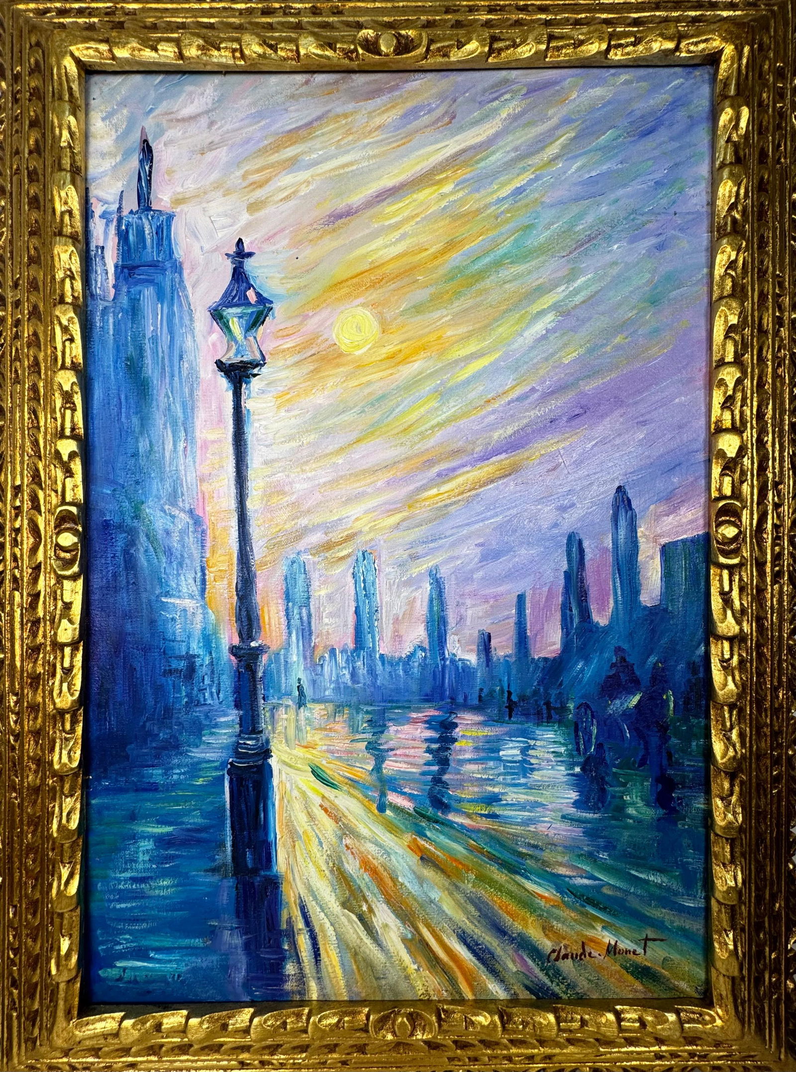 Claude Monet French (Oil on canvas painting) Style of: Oil on canvas painting 21 x 29 inches, rendered in the style of Claude Monet (14 Nov 1840 - 05 Dec 1926) was a French painter and founder of impressionist painting who is seen as a key precursor to mo