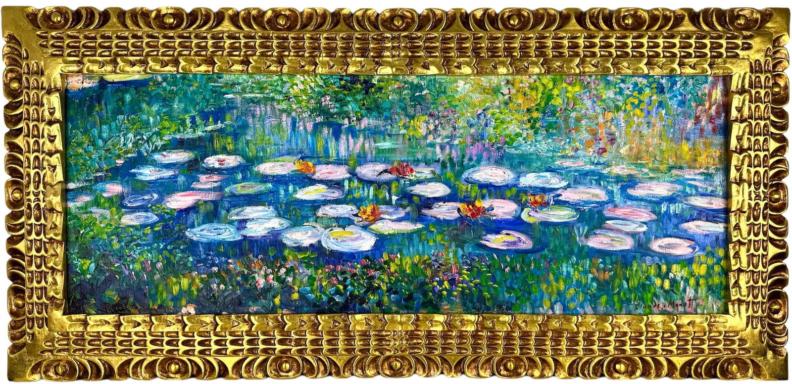 Claude Monet French (Oil on canvas painting) Style of: Oil on canvas painting 18 x 37½ inches, rendered in the style of Claude Monet (14 Nov 1840 - 05 Dec 1926) was a French painter and founder of impressionist painting who is seen as a key precurs