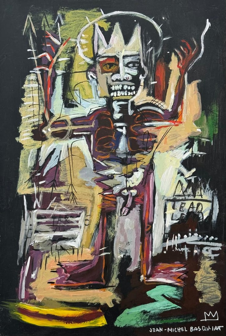 Jean-Michel Basquiat (Drawing on Paper Painting) Style of: Drawing on paper 7½ x 11½ inches, rendered in the style of Jean-Michel Basquiat (22 Dec 1960 - 12 Aug 1988) was an American artist who rose to success during the 1980s as part of the Neo