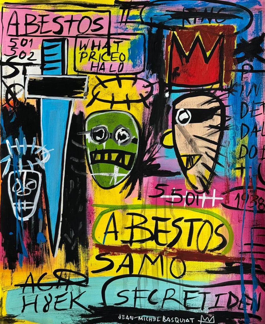 Jean-Michel Basquiat (Drawing on Paper Painting) Style of: Drawing on paper 9 x 11 inches, rendered in the style of Jean-Michel Basquiat (22 Dec 1960 - 12 Aug 1988) was an American artist who rose to success during the 1980s as part of the Neo-expressionism m